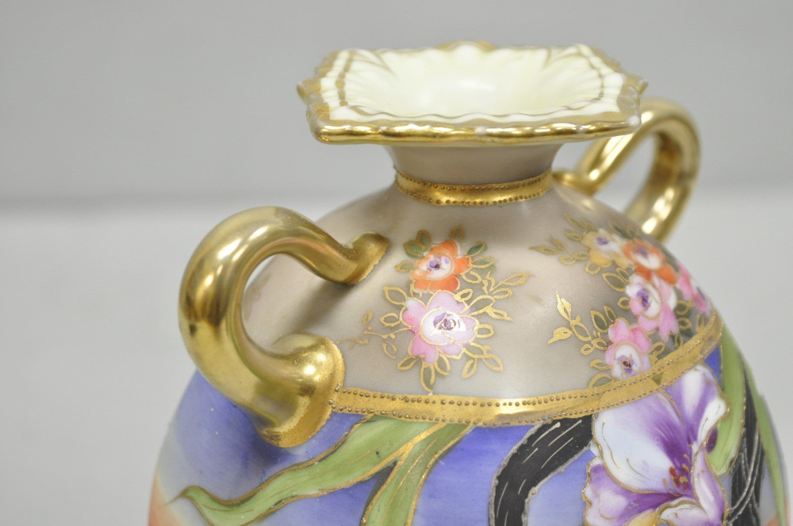 Antique Nippon Moriage Hand Painted Porcelain Purple Iris & Gold Gilt Vase Pair