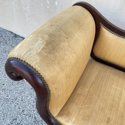Antique American Empire Classical Carved Mahogany Paw Foot Rolled Arm Sofa