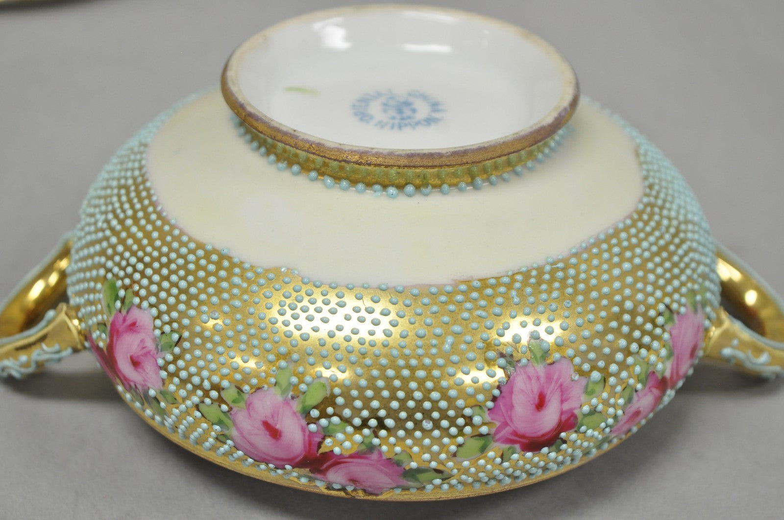 Antique Nippon Hand Painted Gold Gilt Porcelain Green Moriage Covered Sugar Bowl