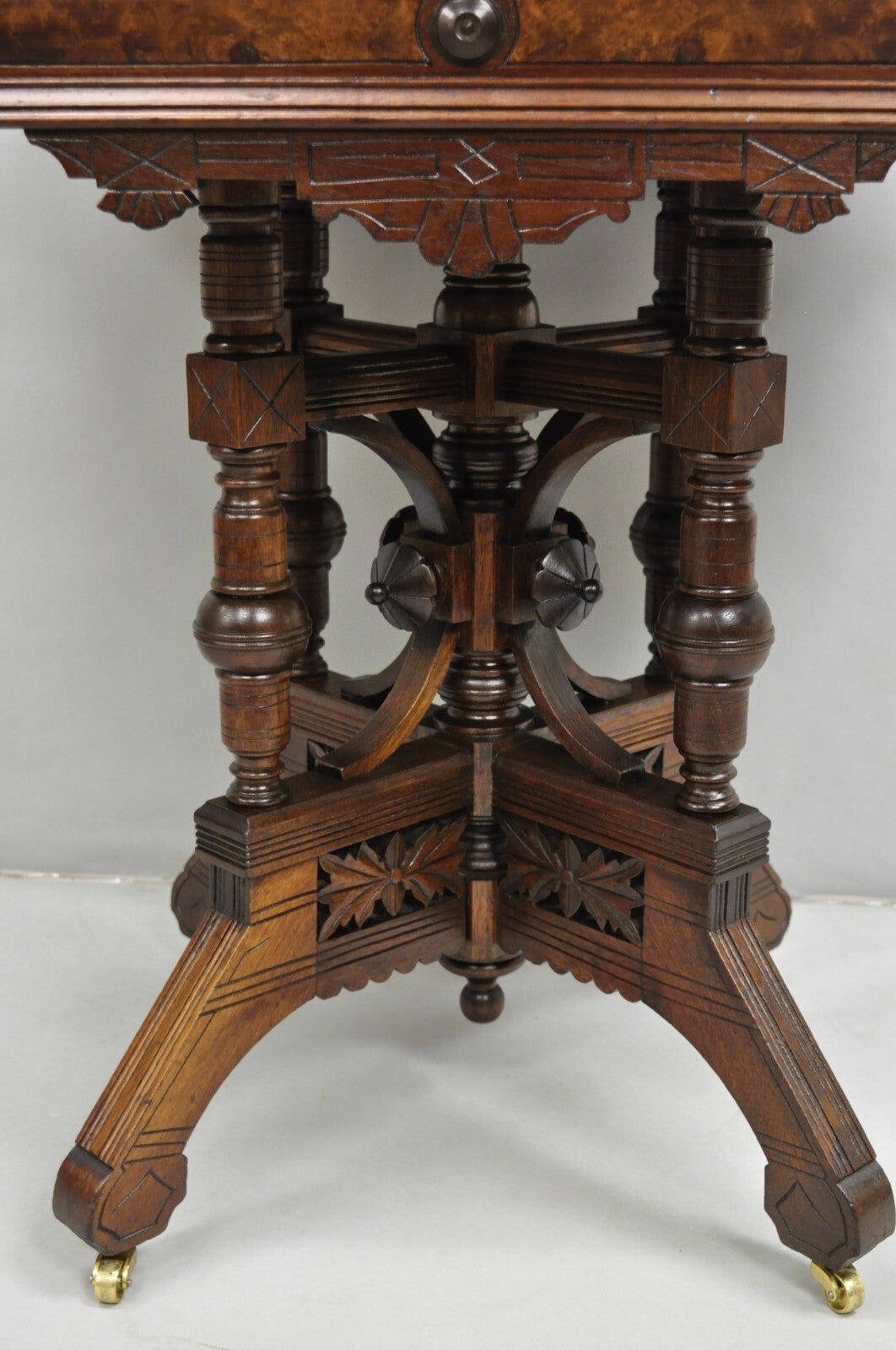 Antique Aesthetic Movement Victorian Carved Walnut Marble Top Parlor Side Table
