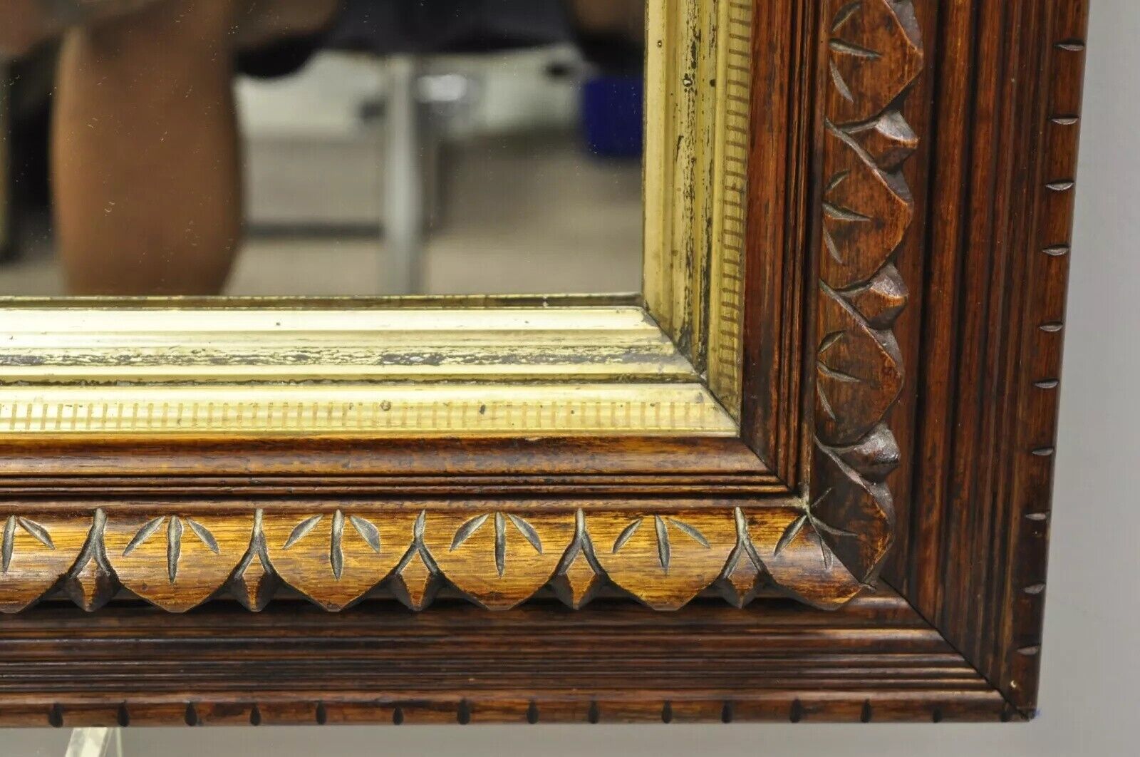 19th C American Victorian Hand Carved Oak Wood Gold Gilt Shadow Box Wall Mirror