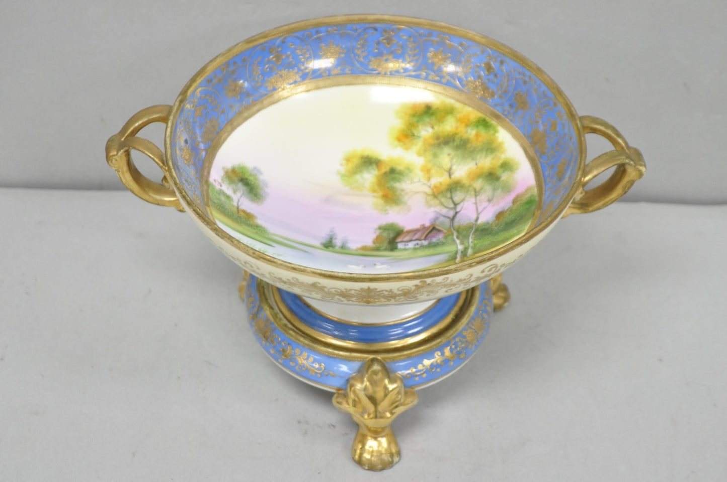 Nippon Hand Painted Porcelain Blue Centerpiece Compote Bowl w/ Cottage & Geese