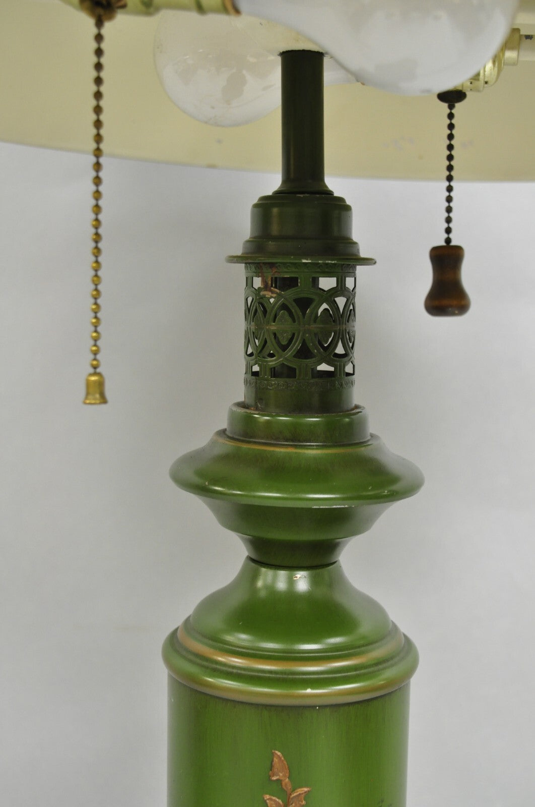Vintage French Country Green Tole Metal Tall Lantern Table Lamp with Shade