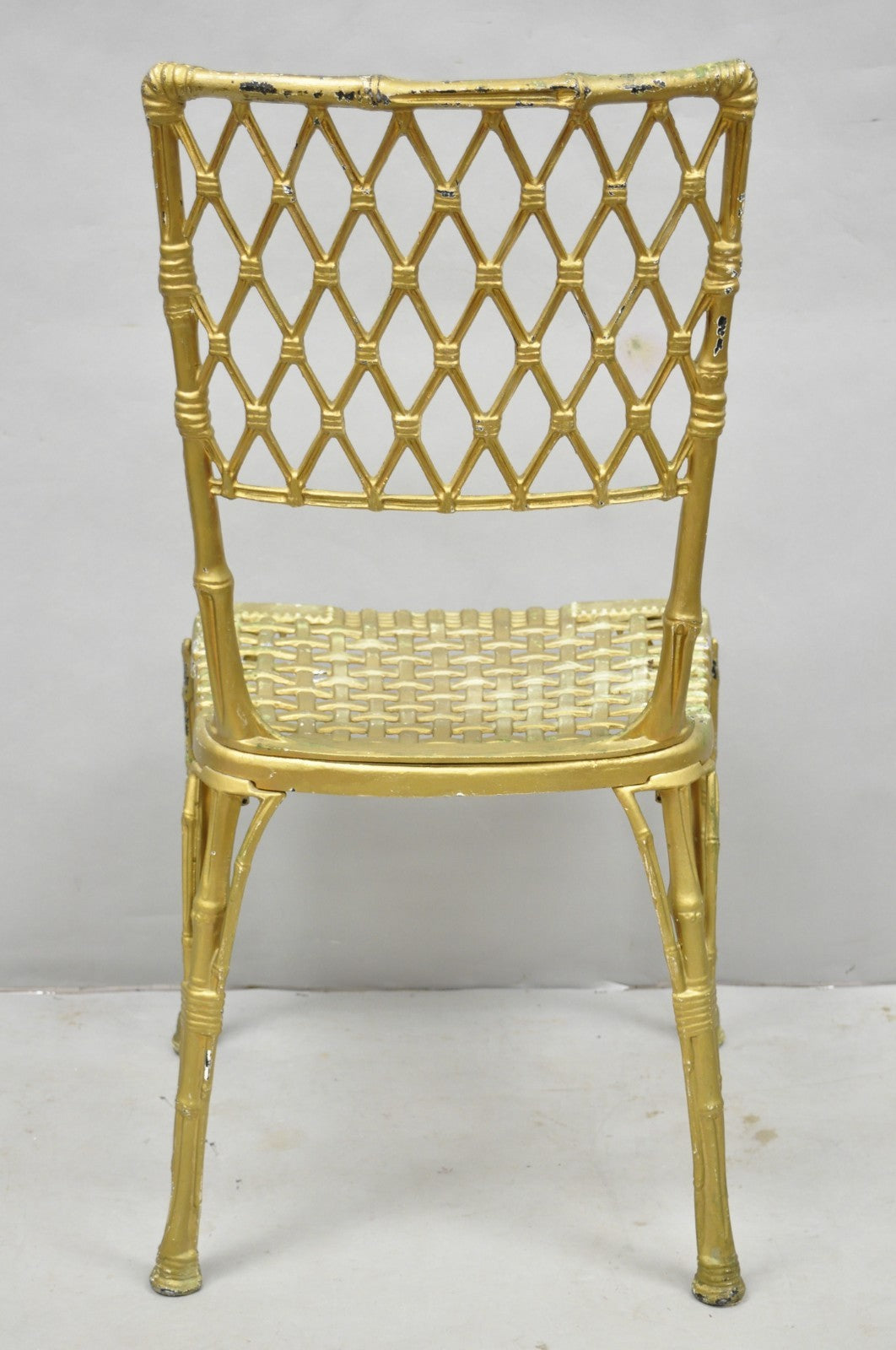 Vintage Hollywood Regency Faux Bamboo Basketweave Lattice Aluminum Side Chair