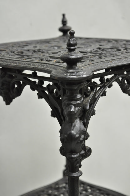 Antique French Renaissance Victorian Cast Iron Figural 3 Tier Plant Stand Table