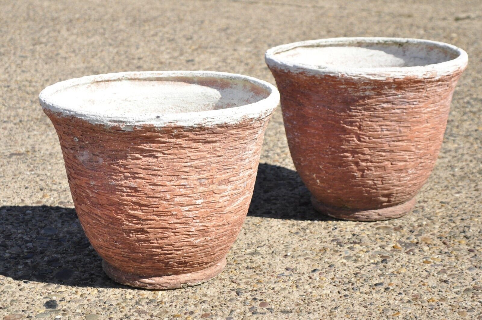 Pair of Vtg Red Distress Painted Fiberglass Round Garden Planter Pots Faux Stone
