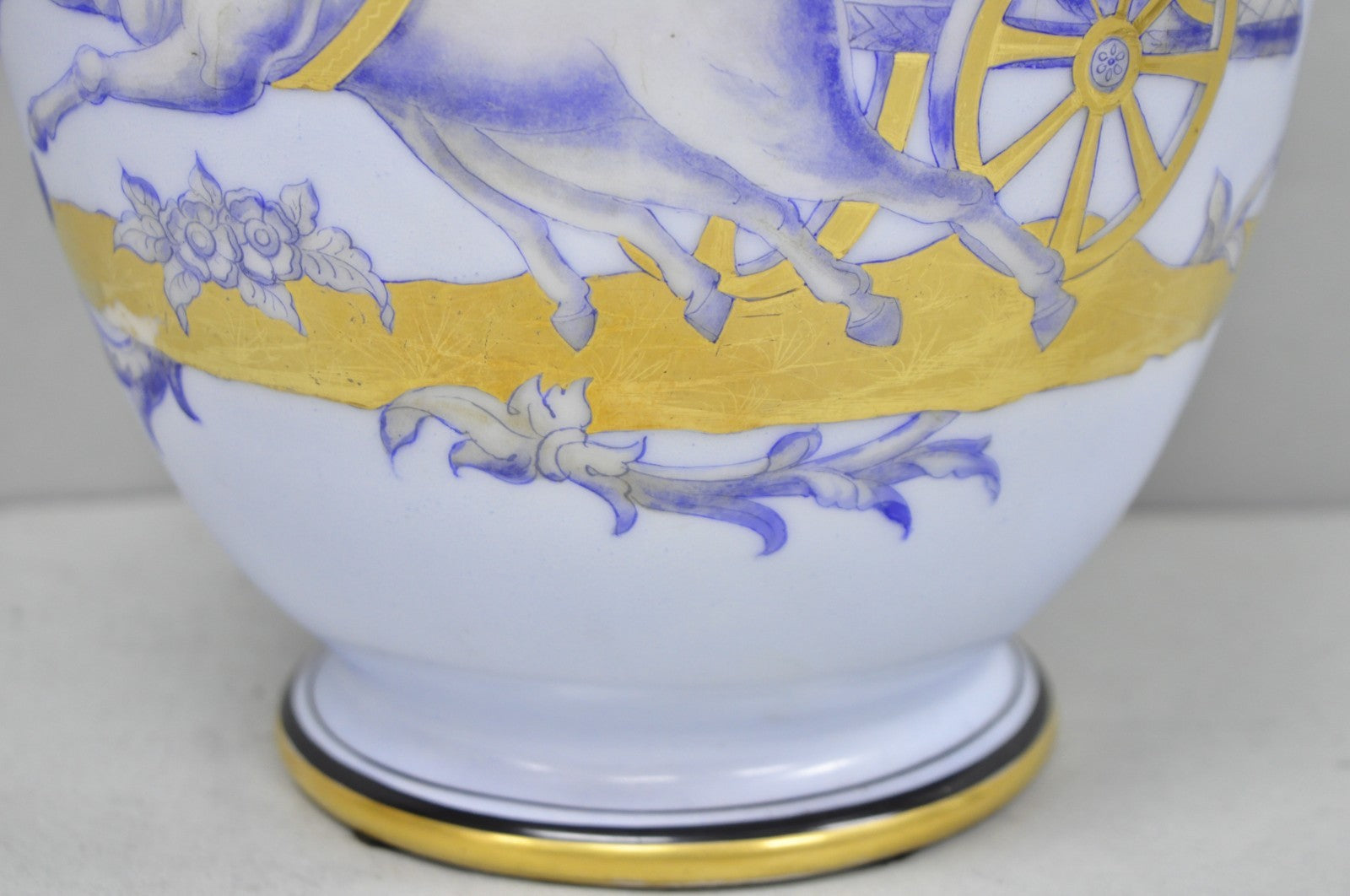 Vintage Greco Roman Classical Style Light Blue Porcelain Horse & Chariot Vase