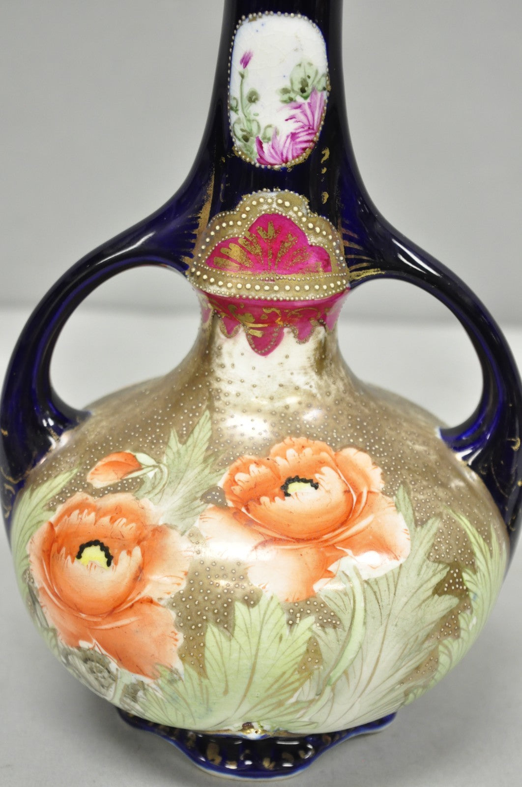 Antique Royal Nippon Hand Painted Nishiki Cobalt Blue Floral Vase With Stopper