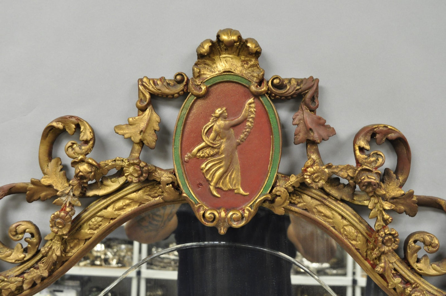 Antique French Neoclassical Baroque Gold Gilt Gesso Red Glass Frame Wall Mirror
