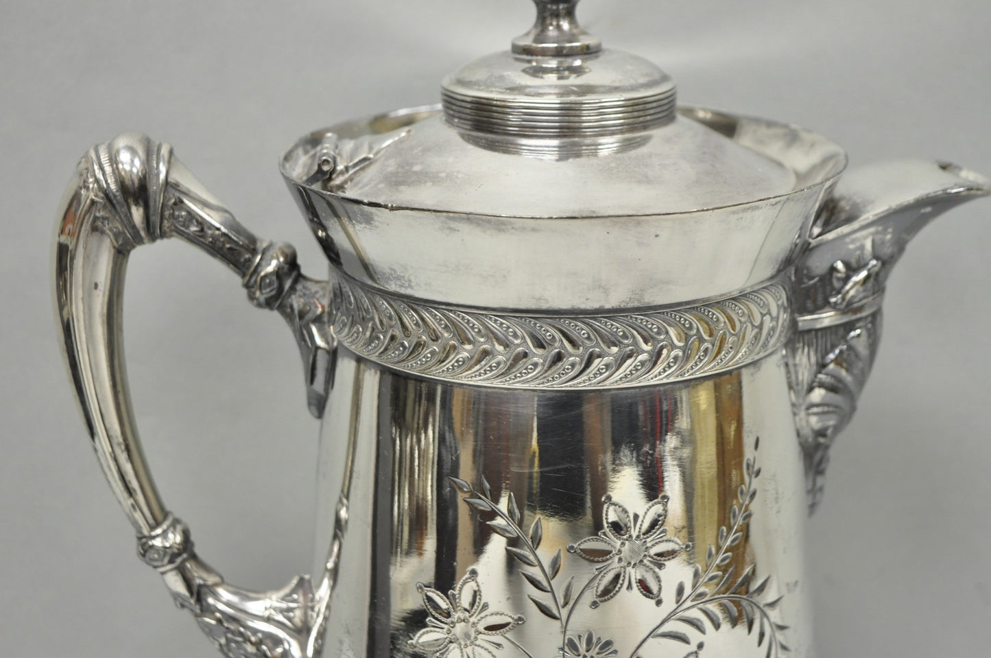 Antique Meriden Victorian Lrg Silver Plated Floral Etched Pitcher, Engraved 1892