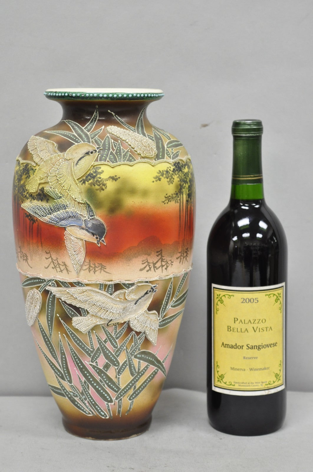 Antique Japanese Heavy Moriage Hand Painted Porcelain Oriental Bird Satsuma Vase