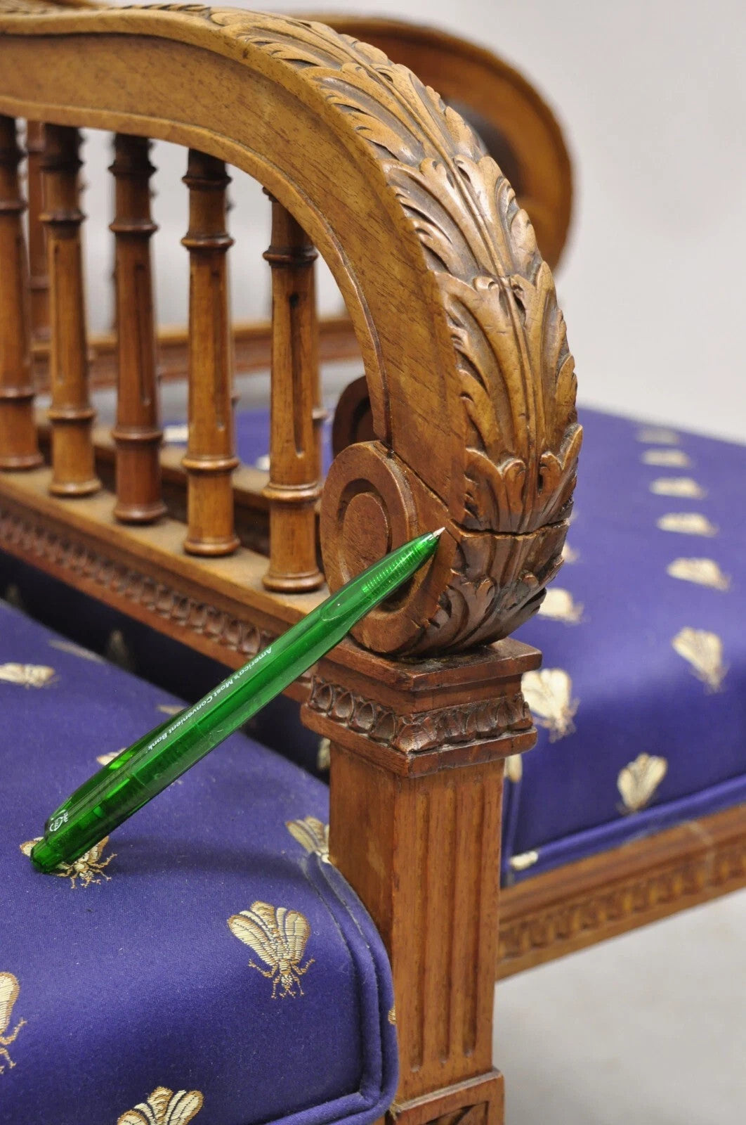 Antique French Louis XVI Style Carved Walnut Lyre Harp Corner Lounge Chair Pair