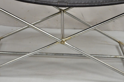 Modern Regency Style Folding Iron Metal Bench w/ Black Saddle Leather Seat