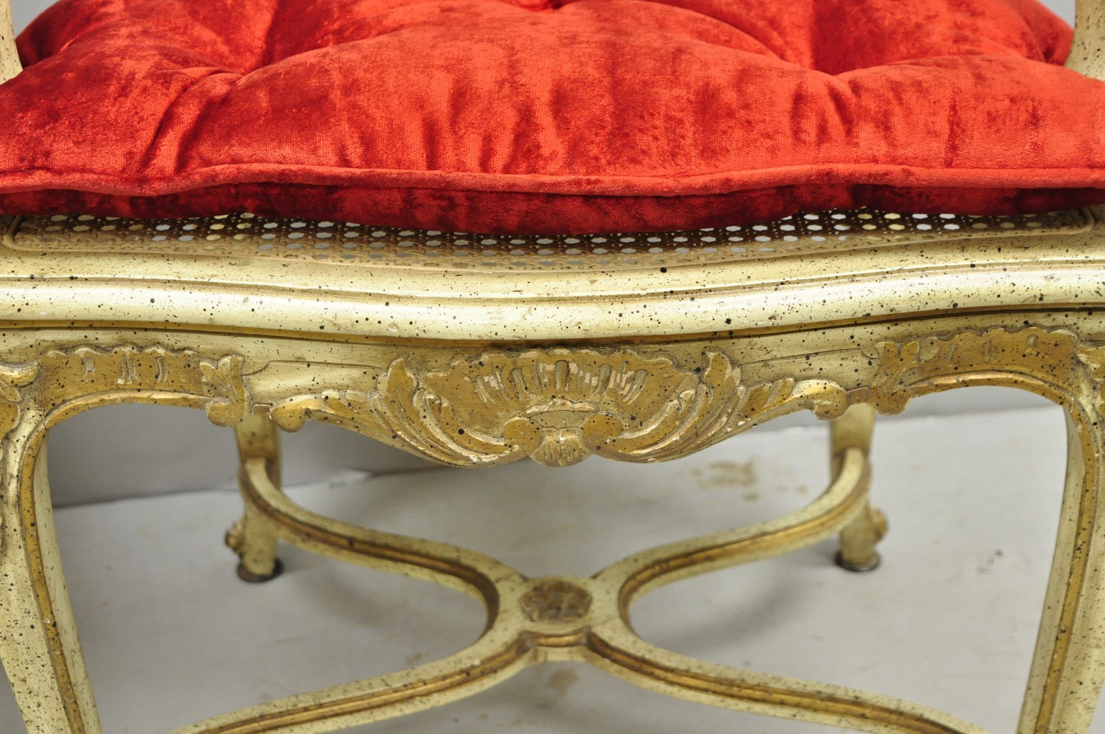 Vintage French Louis XV Style Cream Painted Carved Wood Cane Arm Chairs - a Pair