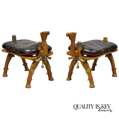 Vintage Camel Saddle Stools Carved Wood Black/Red Cushions - a Pair