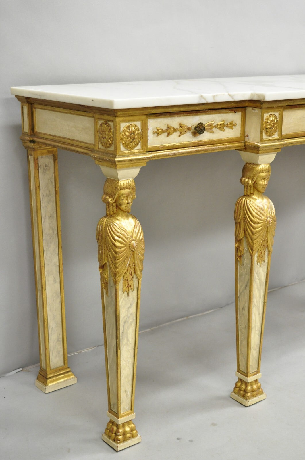 Antique Italian Neoclassical Cream & Gold Marble Top Figural Long Console Table