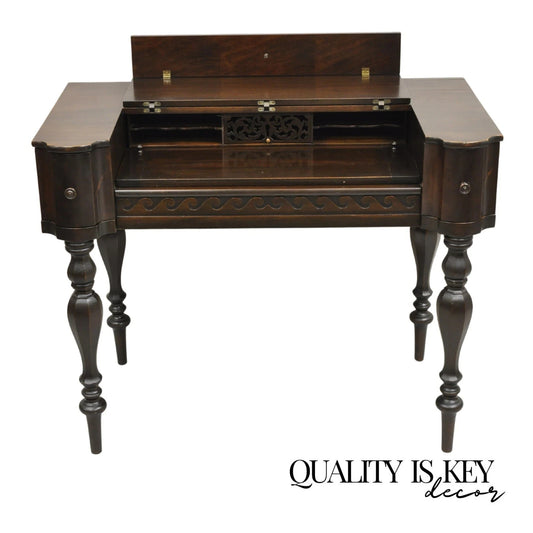 Antique Victorian Mahogany Spinet Piano Style Flip Top Secretary Writing Desk
