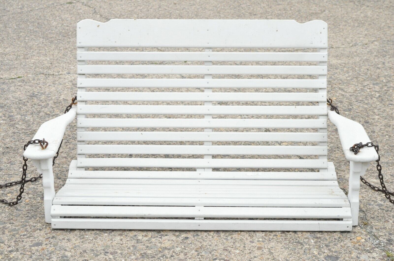 Vintage White Painted Wooden Slat Hanging Garden Patio Bench Love Seat Swing