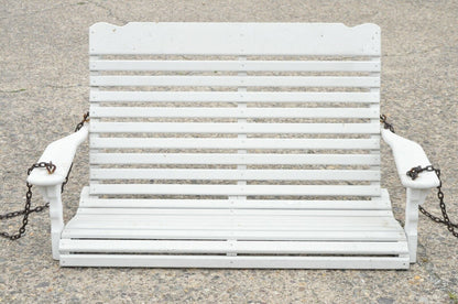 Vintage White Painted Wooden Slat Hanging Garden Patio Bench Love Seat Swing