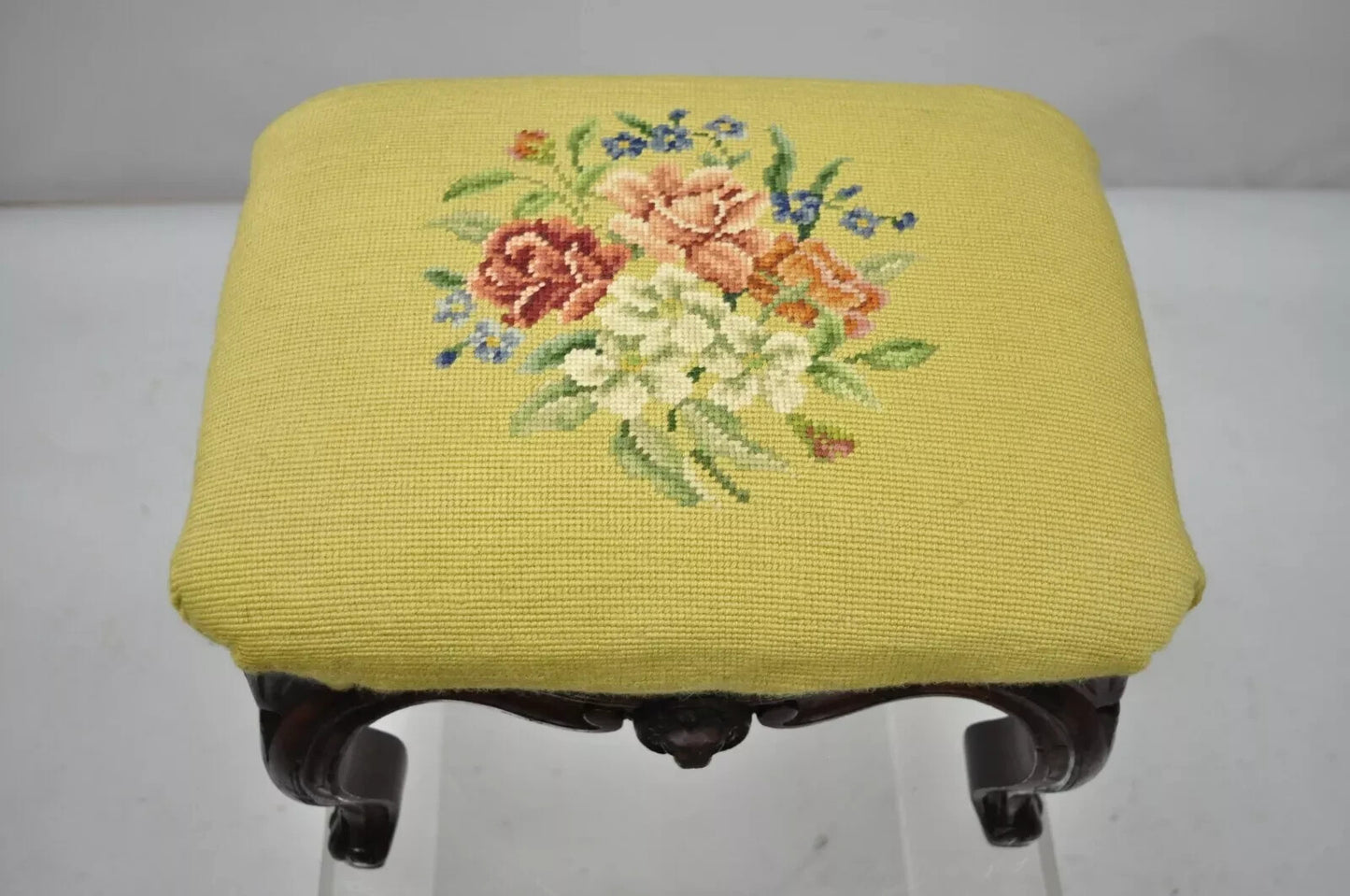 Antique Victorian Walnut Figural Lion Female Face Needlepoint Footstool Ottoman