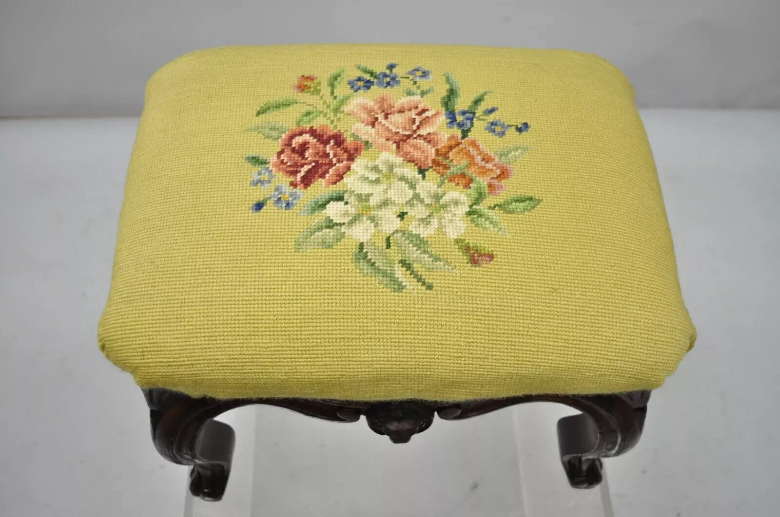 Antique Victorian Walnut Figural Lion Female Face Needlepoint Footstool Ottoman