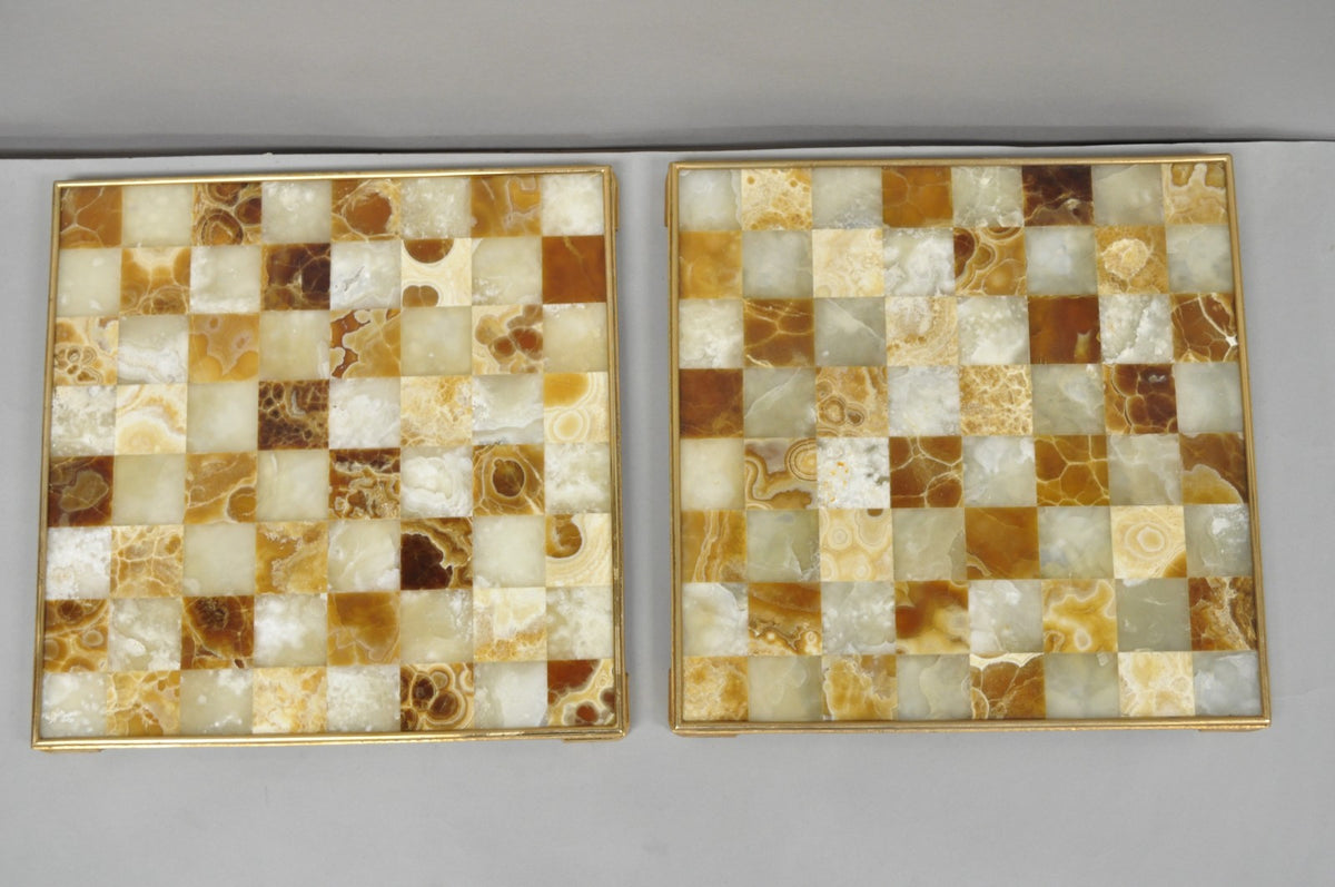 Vintage Mid Century Modern Mosaic Brown Onyx Stone Chess Game Checkerboard