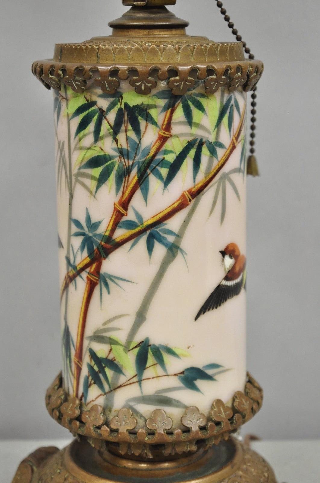 Art Nouveau Converted Oil Lamp Glass Cylinder Bird Painted Bronze Table Lamp