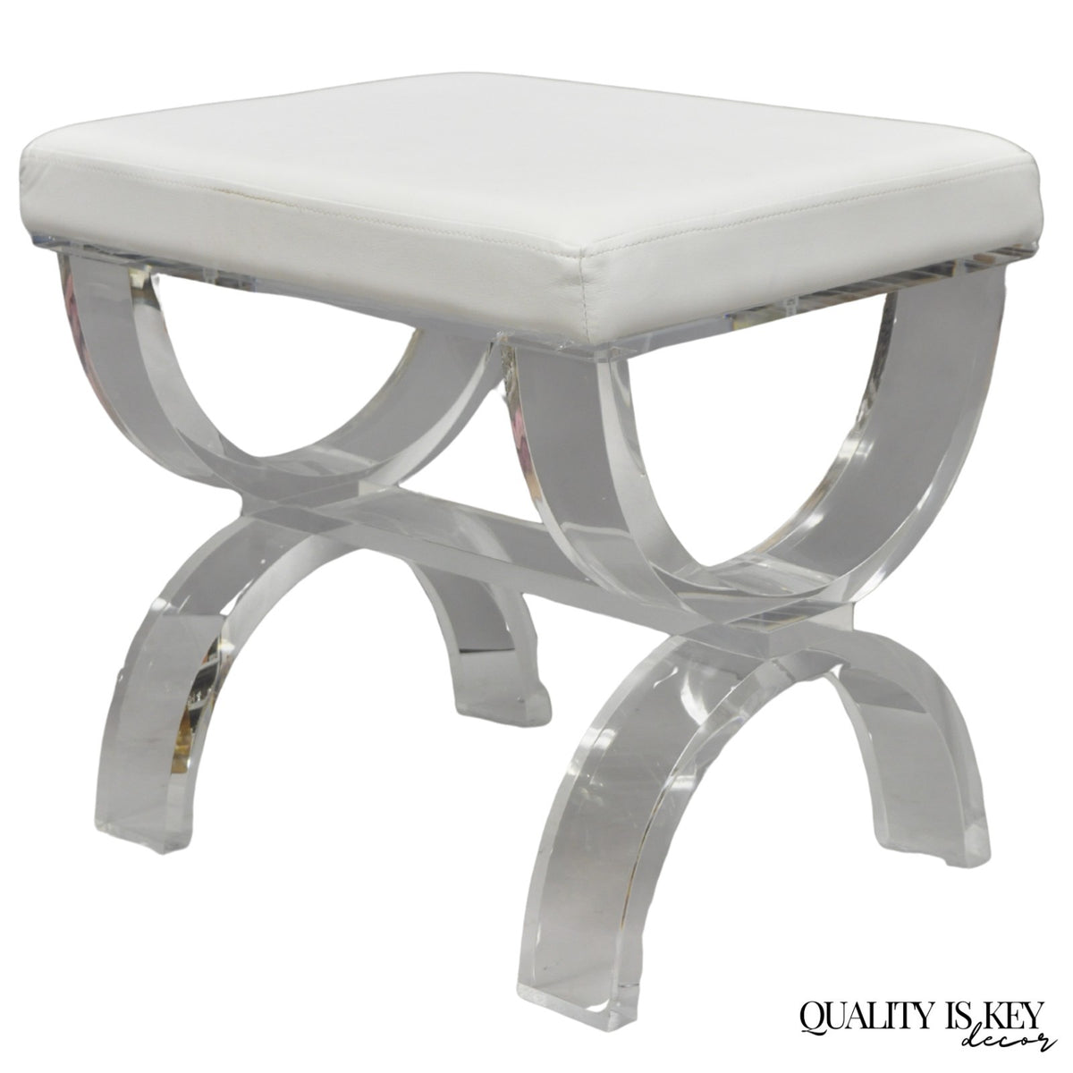 Contemporary Modern Lucite Acrylic X-Form White Vanity Bench Stool Seat