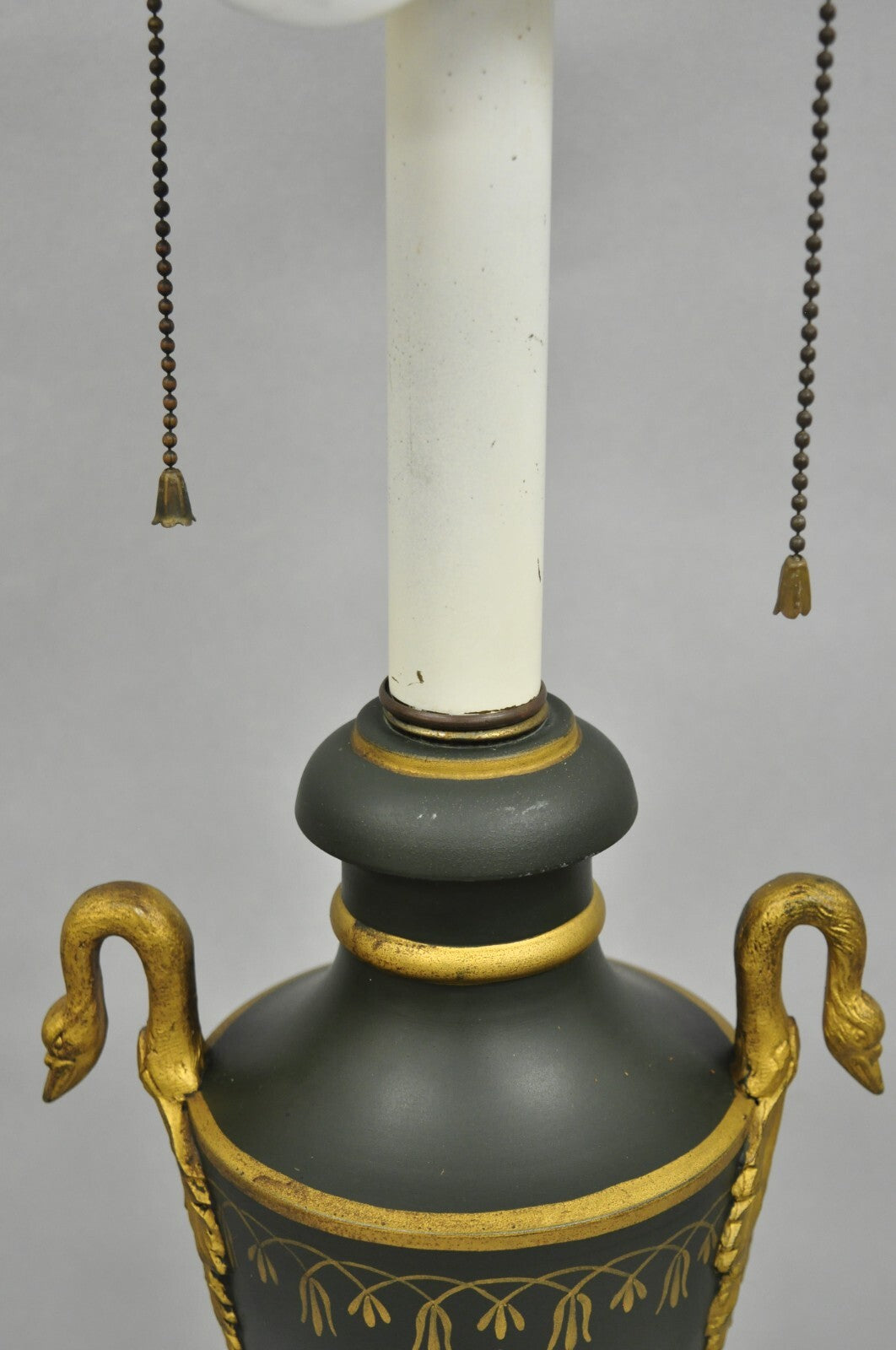 Vintage French Empire Green Tole Metal Gold Swan Painted Urn Table Lamp