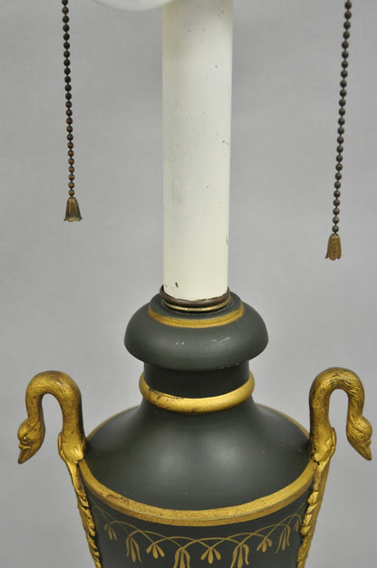 Vintage French Empire Green Tole Metal Gold Swan Painted Urn Table Lamp