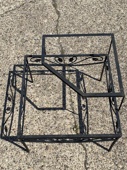 Vintage Woodard Scrolling Leaf Wrought Iron Patio Corner 2 Tier Coffee Table