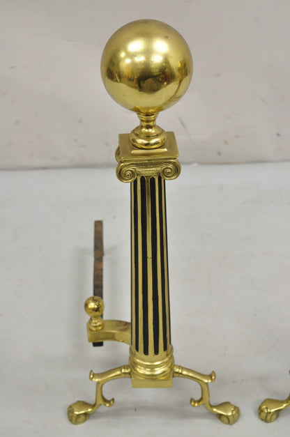 Vintage French Empire Style Brass Cannonball Column Form Branch Foot Andirons