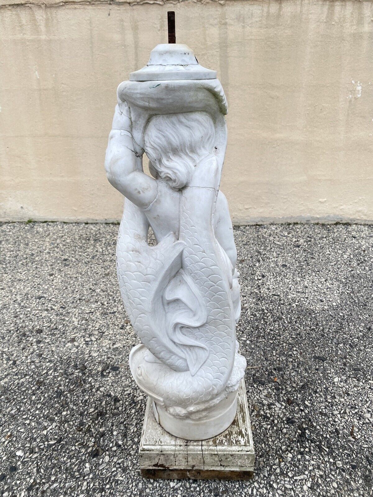 Italian Classical Carved Marble 31" Cherub Dolphin Garden Fountain Statue