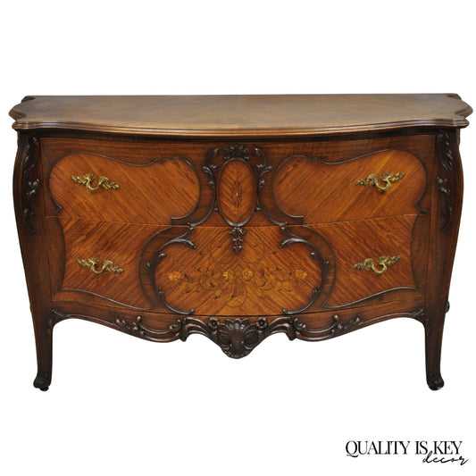 Antique French Louis XV Carved Walnut Inlaid Bombe Demilune Commode Dresser