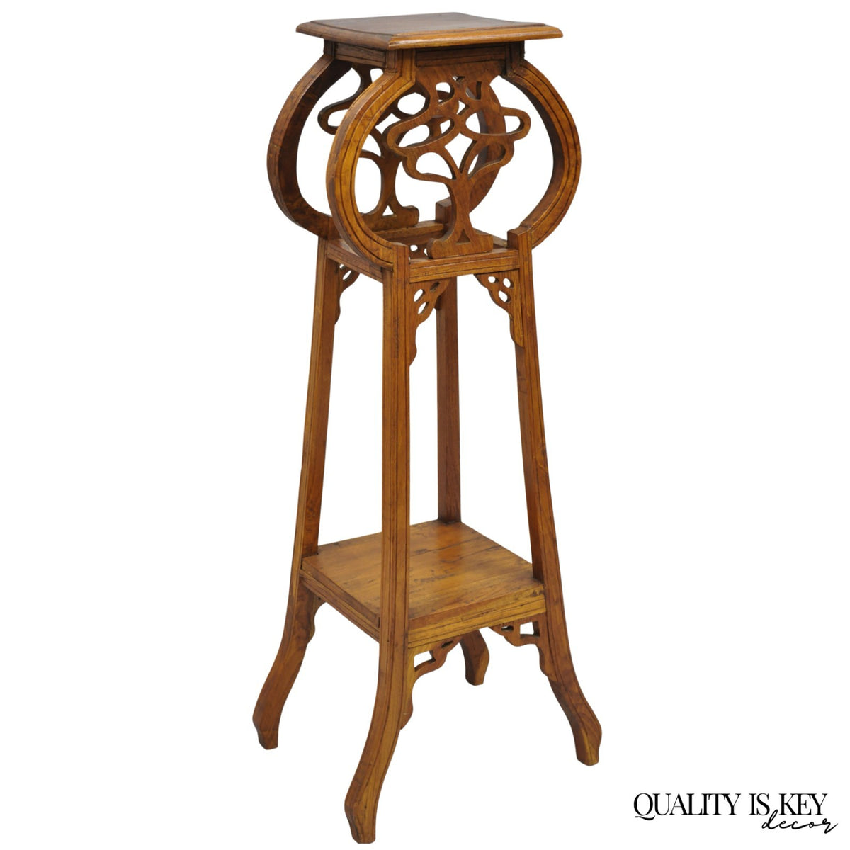 Vintage French Art Nouveau Style Carved Teak Pedestal Plant Stand Side Table