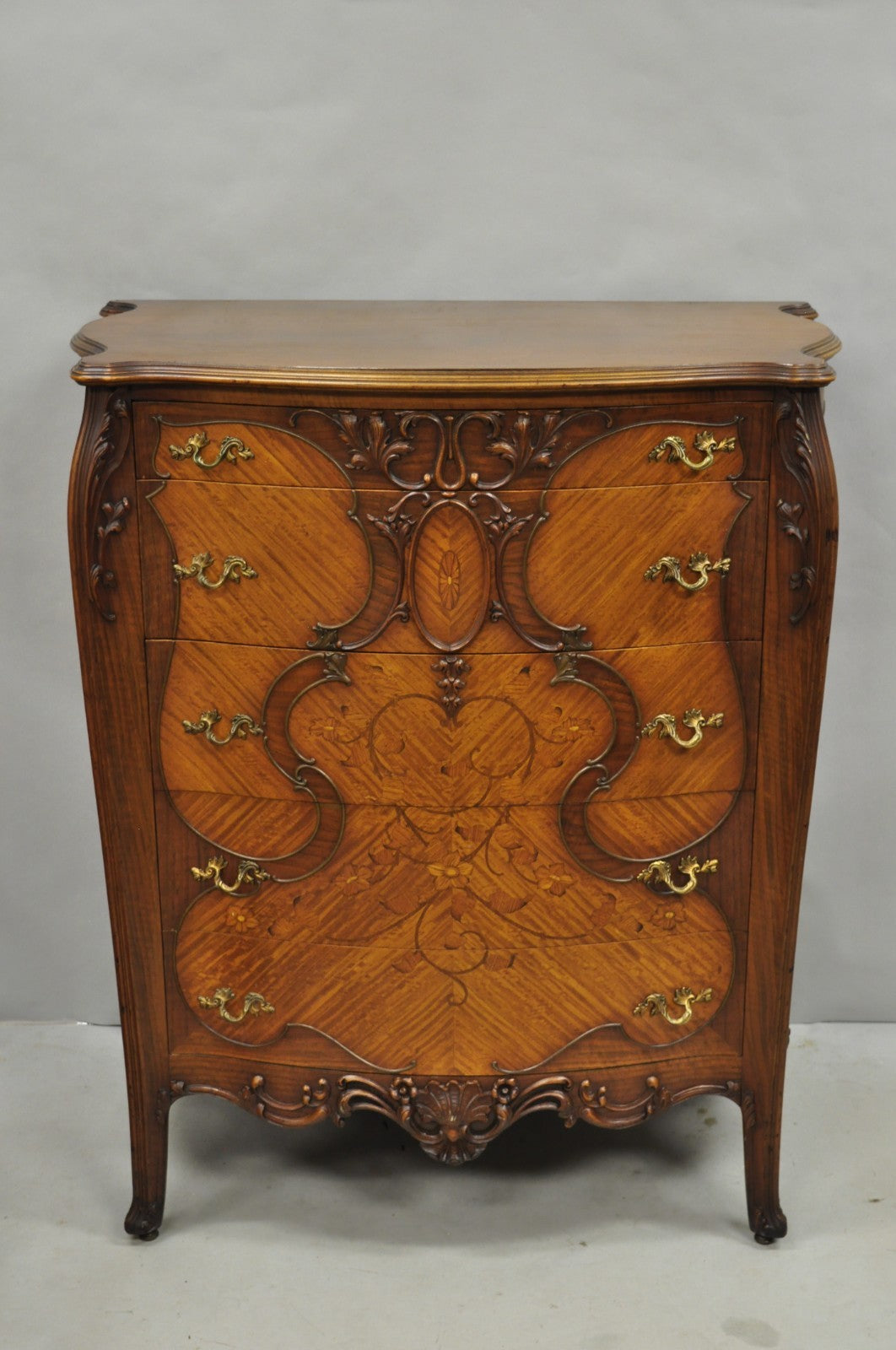 Antique French Louis XV Carved Walnut Satinwood Inlay Highboy Tall Chest Dresser