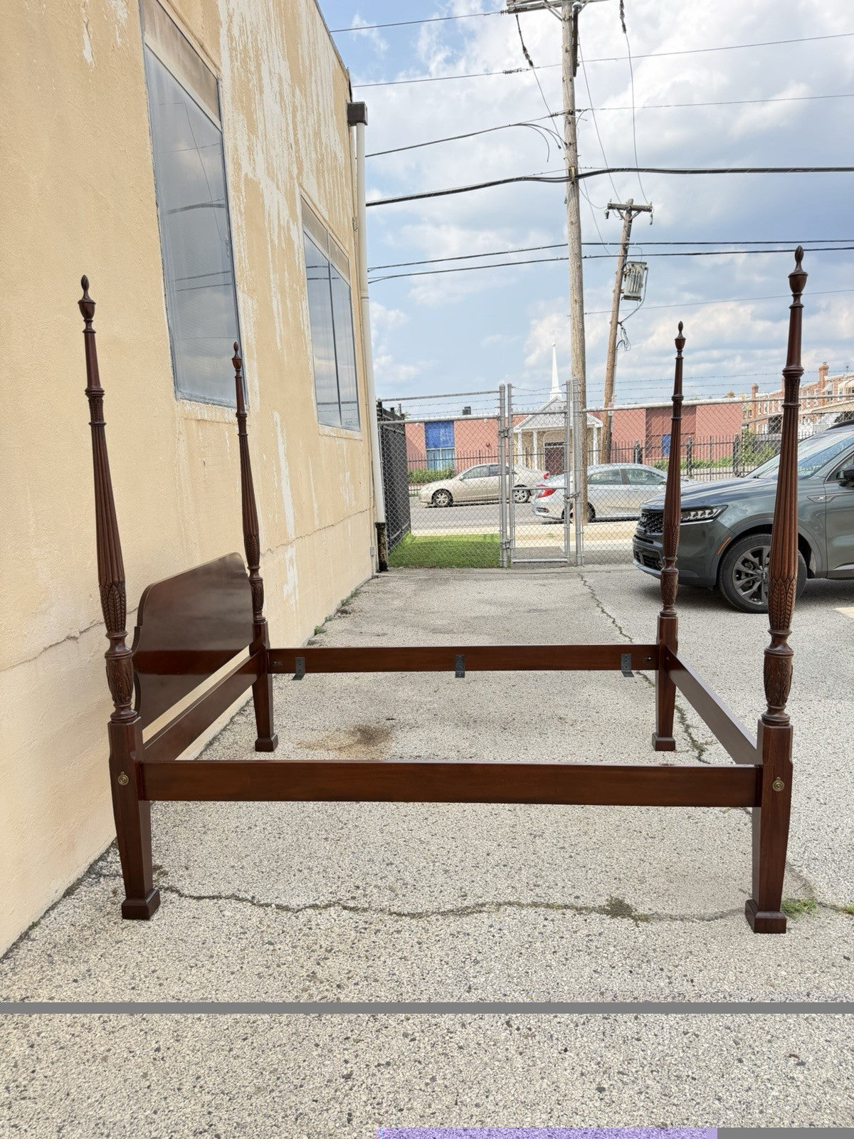 Vintage Georgian Federal Style Mahogany Four Poster Rice Carved Queen Sz Bed
