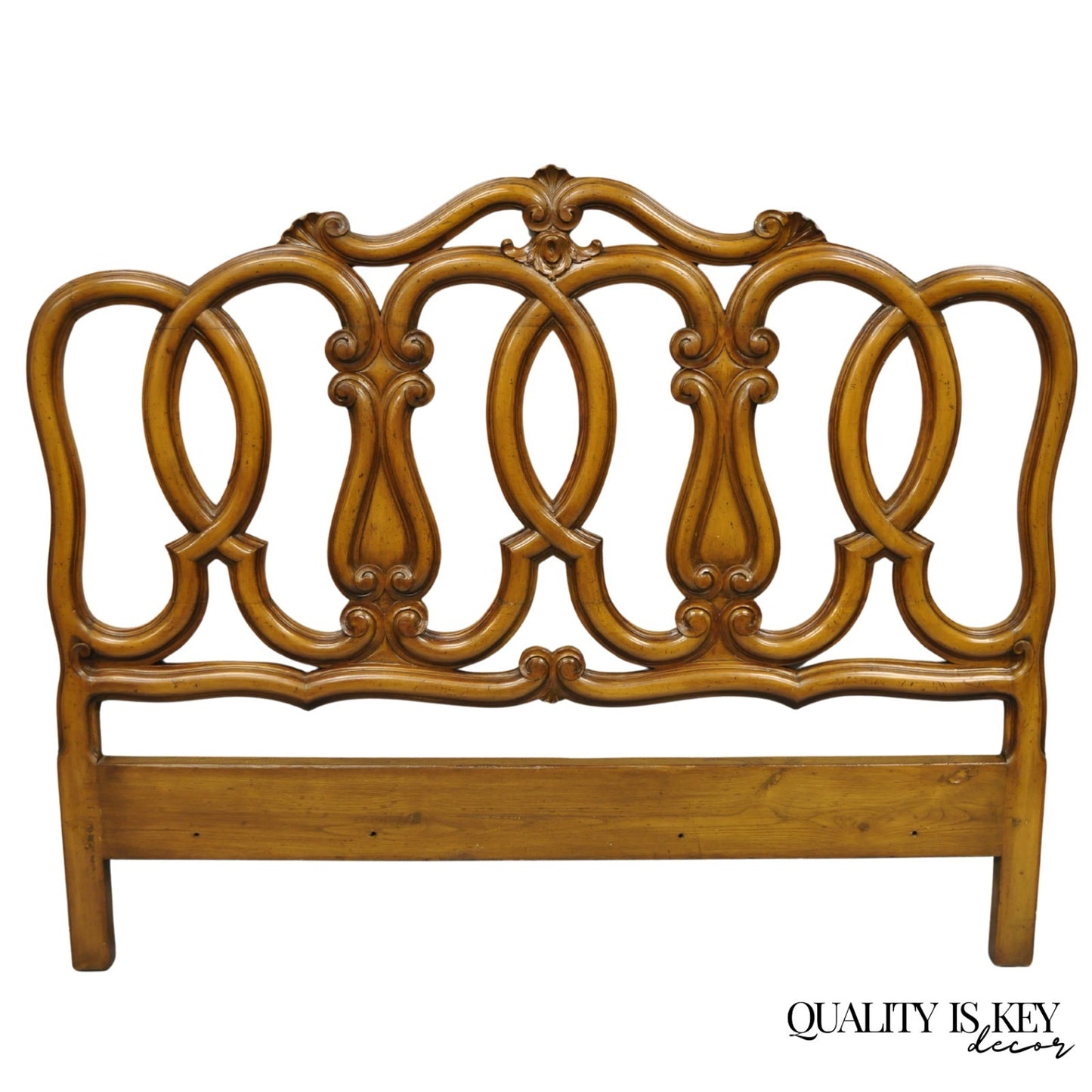 French Country Provincial Carved Fruitwood Walnut Scrolling Queen Bed Headboard