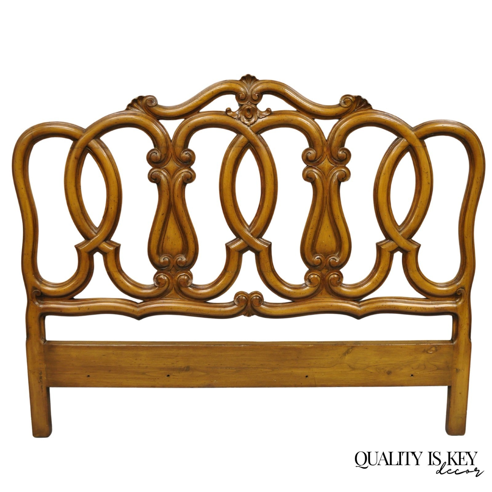 French Country Provincial Carved Fruitwood Walnut Scrolling Queen Bed Headboard