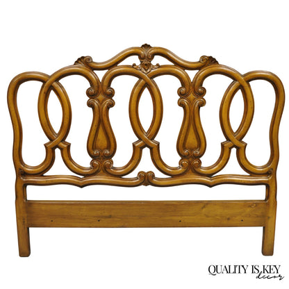French Country Provincial Carved Fruitwood Walnut Scrolling Queen Bed Headboard