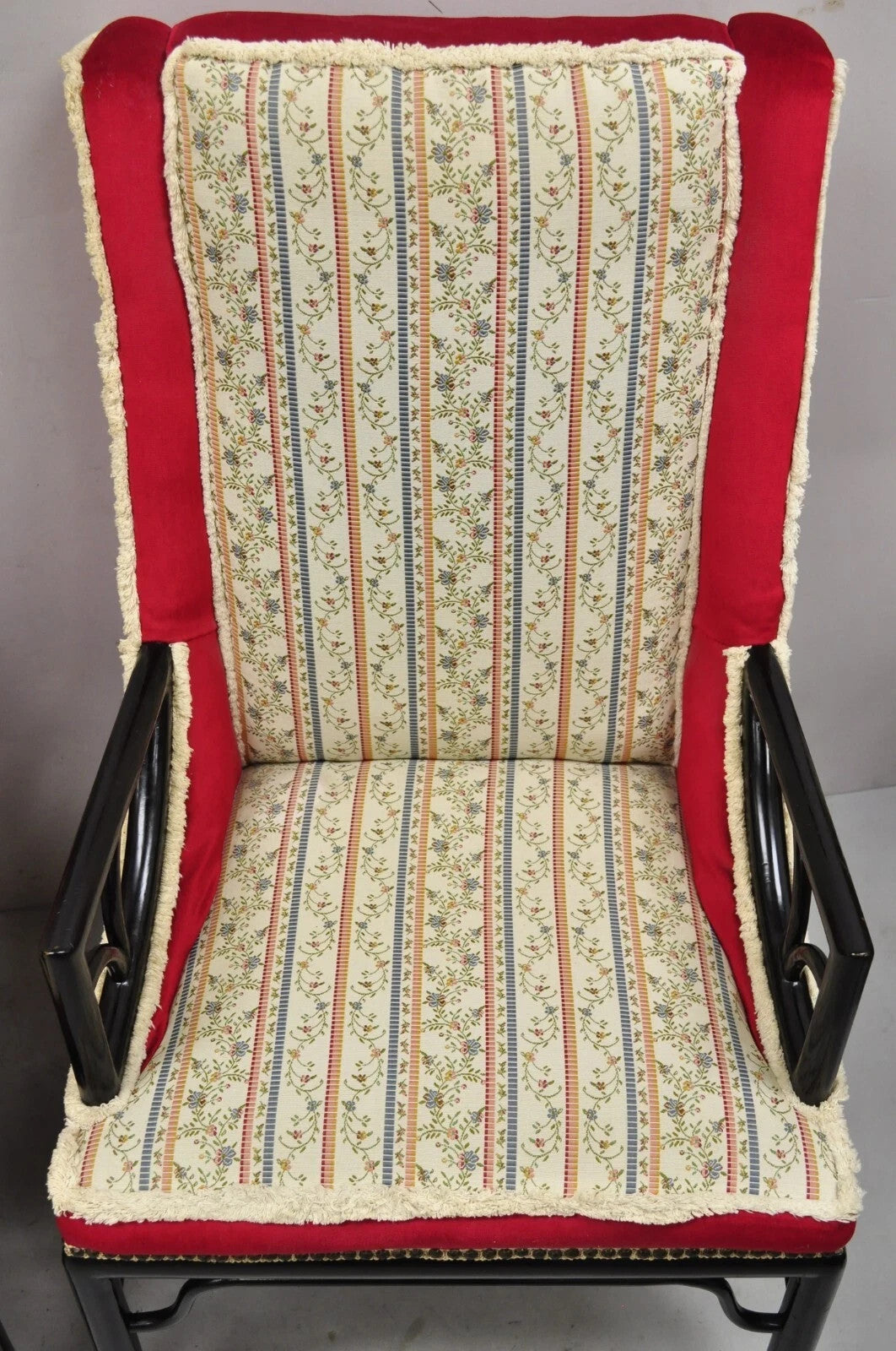 Vintage Chinoiserie James Mont Style Black Fretwork Lounge Arm Chairs - a Pair