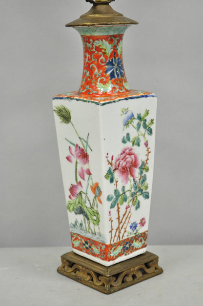 Antique Chinese Porcelain Orange Hand Painted Flower Small Boudoir Table Lamp