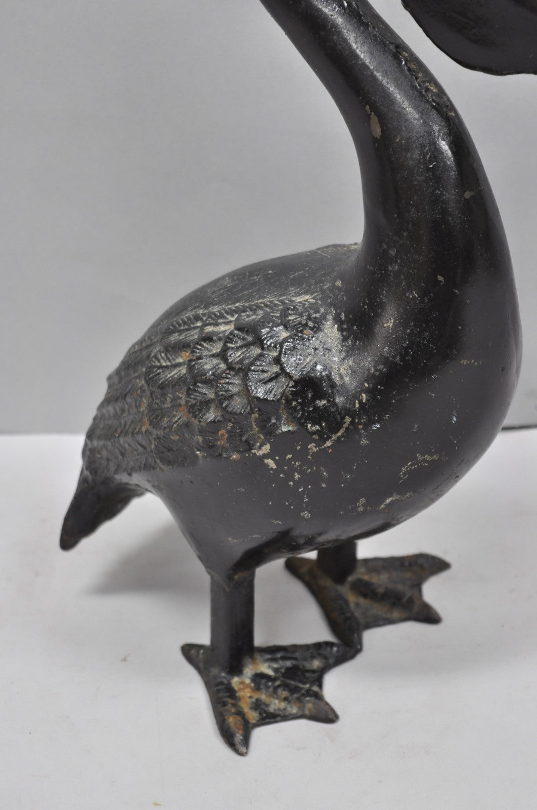 Vintage Japanese Cast Iron Black 17" Pelican Bird Garden Statue Sculpture
