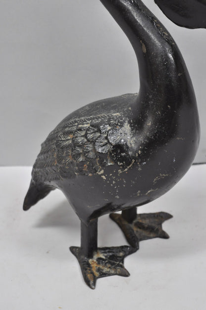 Vintage Japanese Cast Iron Black 17" Pelican Bird Garden Statue Sculpture
