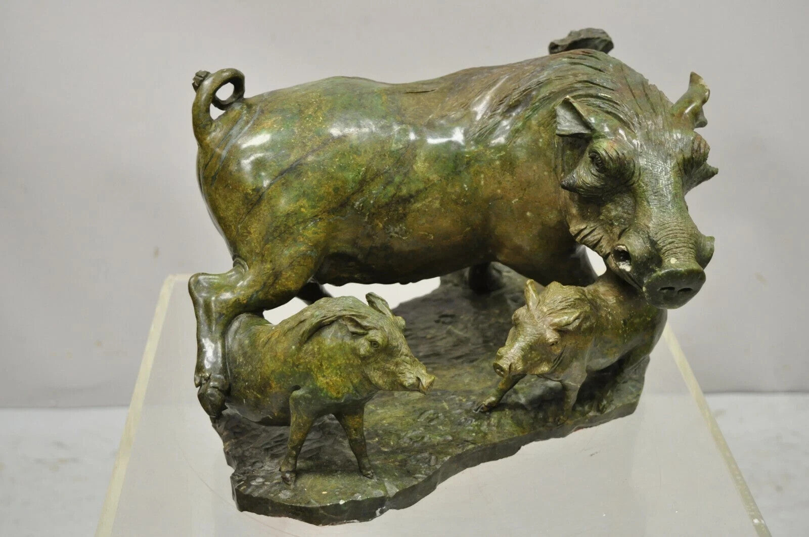 James Tandi African Wild Boar Green Carved Verdite Hardstone Sculpture Figure