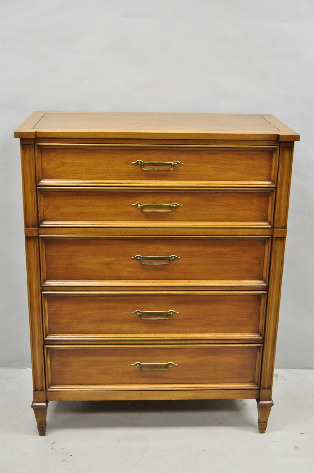 Vintage Hollywood Regency Cherry Wood 5 Drawer Tall Chest Dresser by White Furn