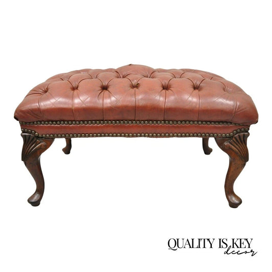 Vintage English Chesterfield Queen Anne Brown Leather Tufted Ottoman Footstool