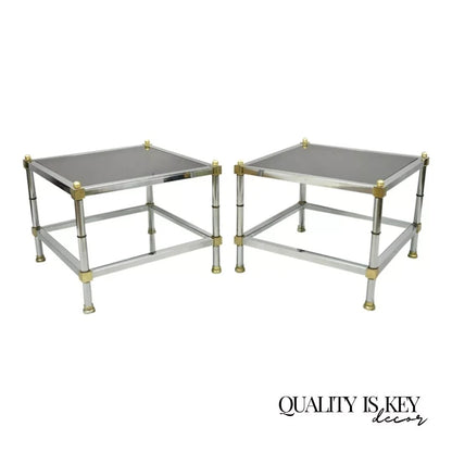 Hollywood Regency Maison Jansen Style Chrome & Brass Square End Tables - a Pair