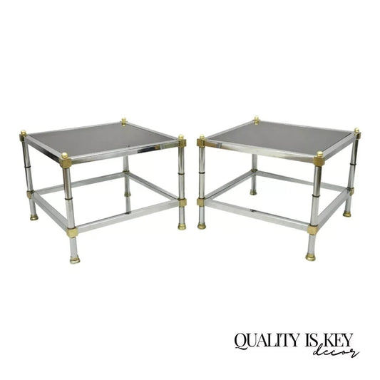 Hollywood Regency Maison Jansen Style Chrome & Brass Square End Tables - a Pair