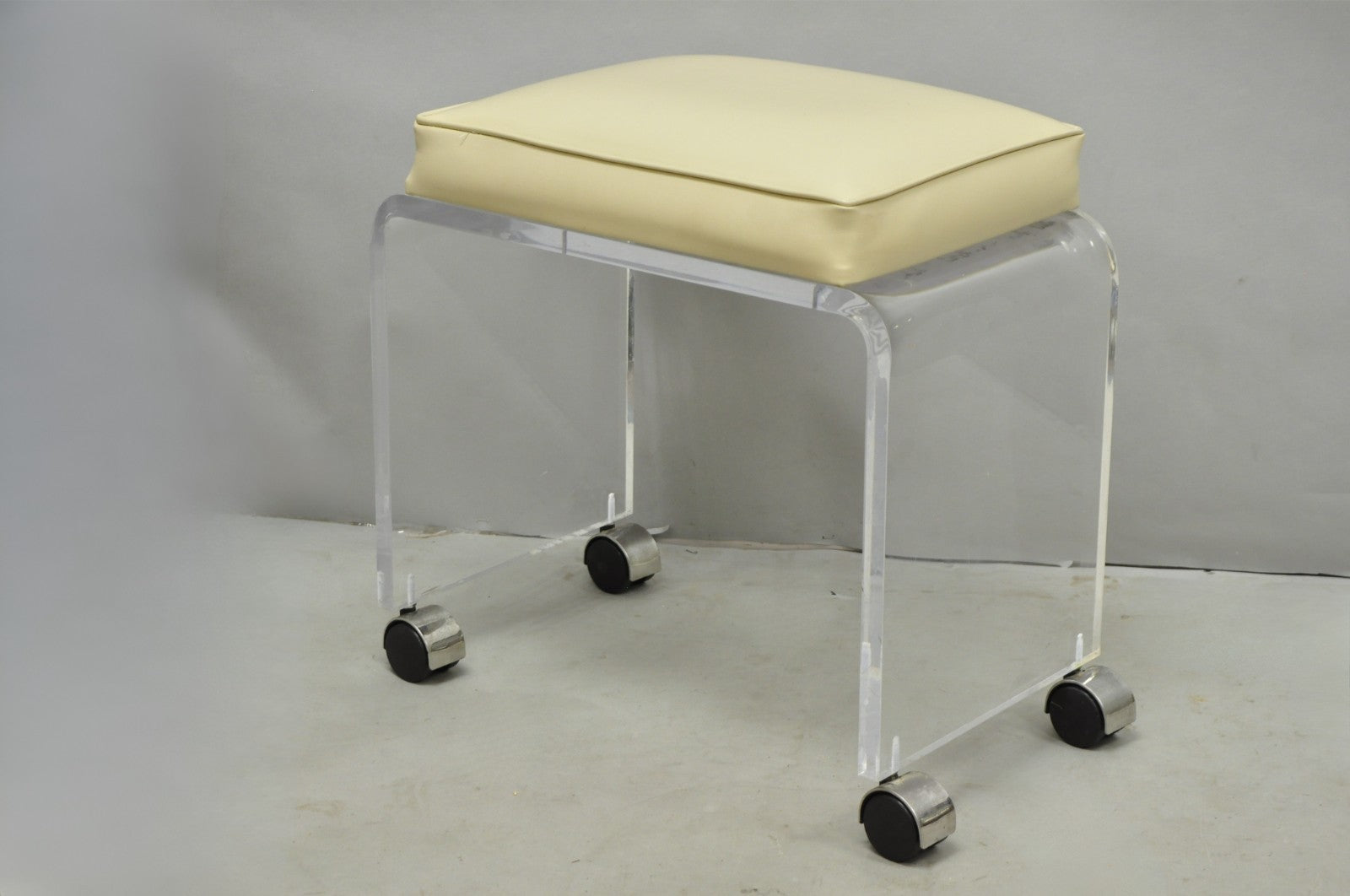 Vintage Mid Century Modern Clear Lucite Waterfall Vanity Bench Stool on Wheels